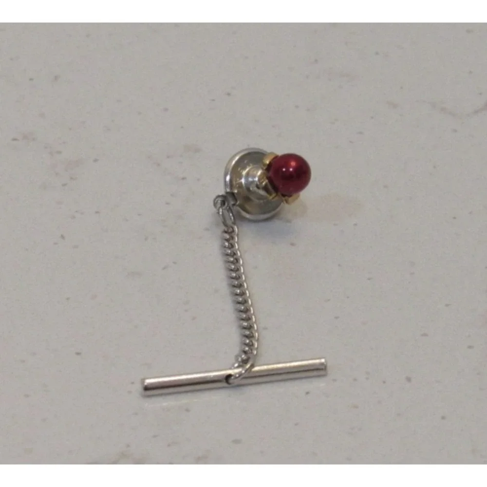 Vintage‎ Mens Red Faux Pearl Tie Tack Silver Tone Chain T-Bar Formal Accessory